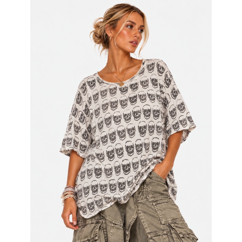 Magnolia Pearl Cotton Jersey Skulls T Boyfriend Cut White Grey Pink TOP OS NWT
